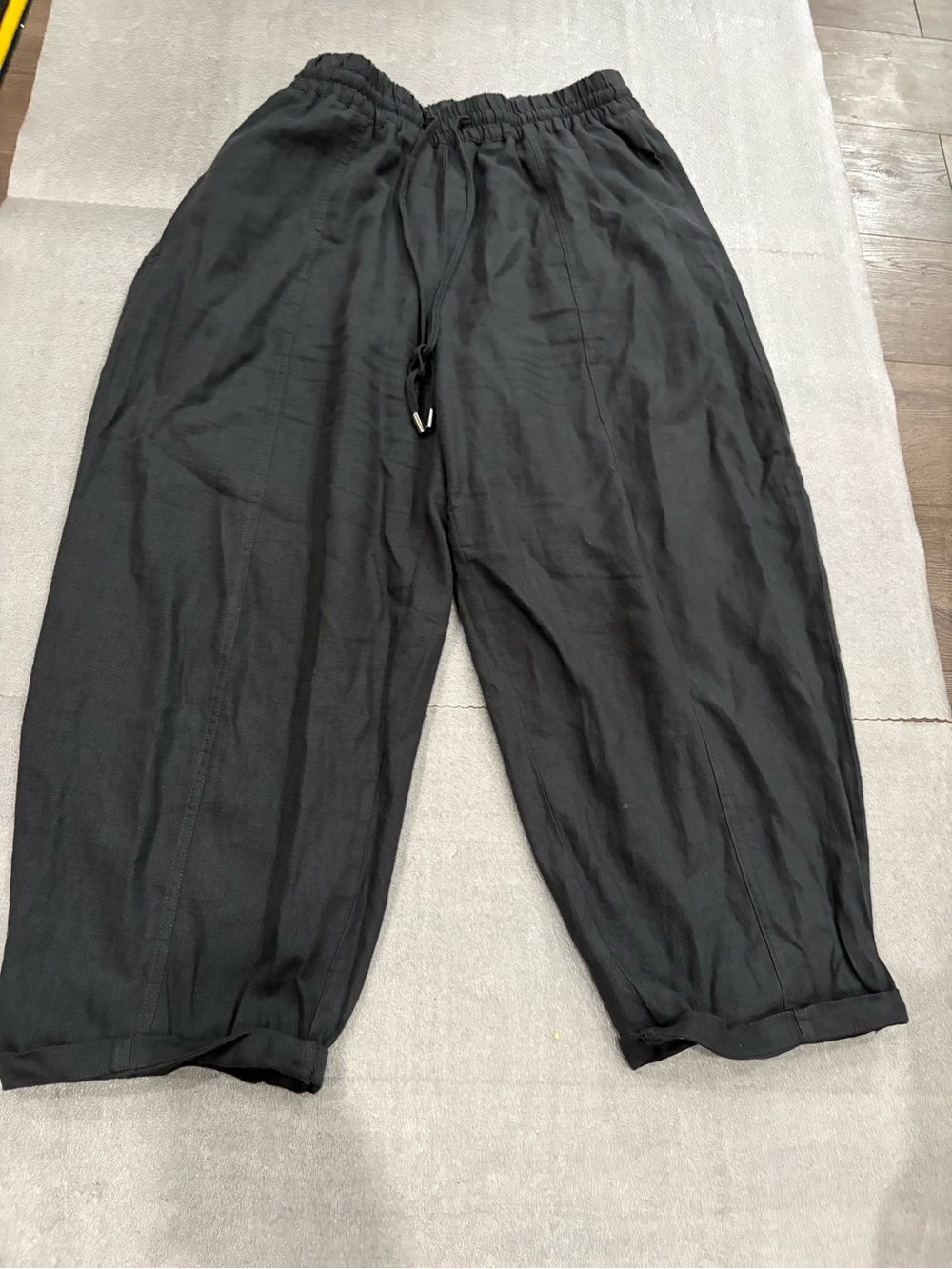 Zara Black Gray Linen Blend Elastic Waist Drawstring Barrel Jogger Ankle Pants L